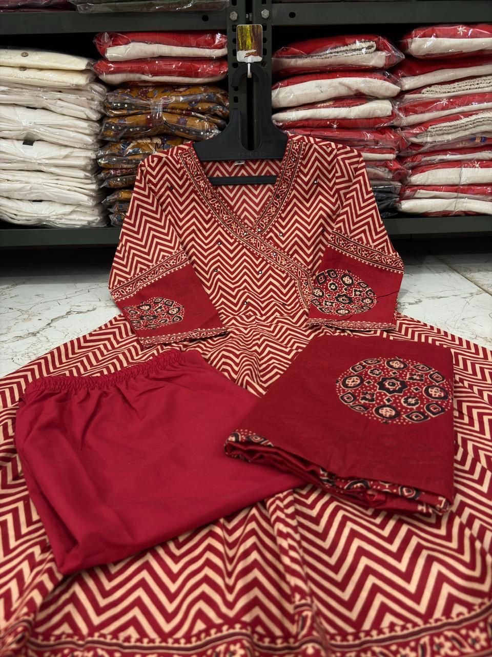 Cotton Printed Angrakha Anarkali Suit Set